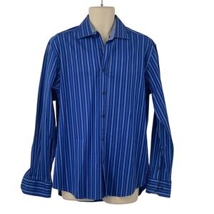 Bugatchi Shaped Fit Blue Striped Button-Down‎ Shirt Contrast Collar/Cuff Size L